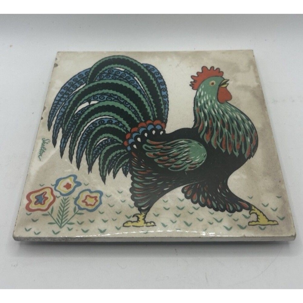 Vtg Shelton Colorful Rooster Ceramic Art Tile Trivet Farmhouse Country Cottage